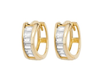 9ct Yellow Gold 10mm Baguette Channel Set Cz Hinged Hoop Earrings Hallmarked - Real 9K Gold