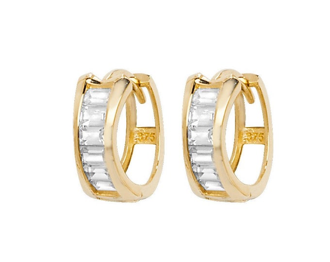 9ct Yellow Gold 10mm Baguette Channel Set Cz Hinged Hoop Earrings Hallmarked - Real 9K Gold