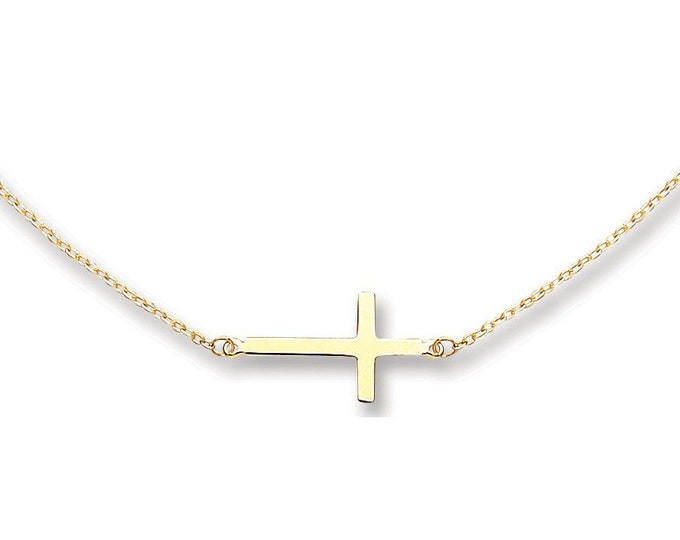 9ct Yellow Gold Sideways Cross Pendant on 16" to 17" Necklace Hallmarked