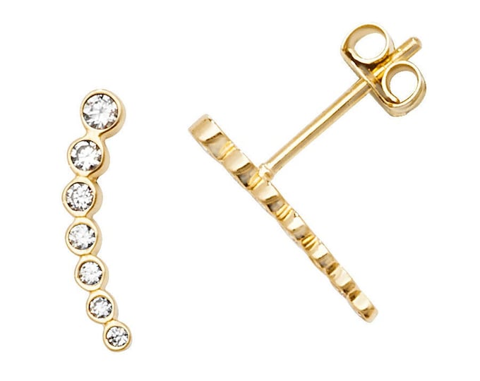 9ct Yellow Gold 12mm Bezel 7 Stone Cz Curved Bar Stud Earrings- Real 9K Gold