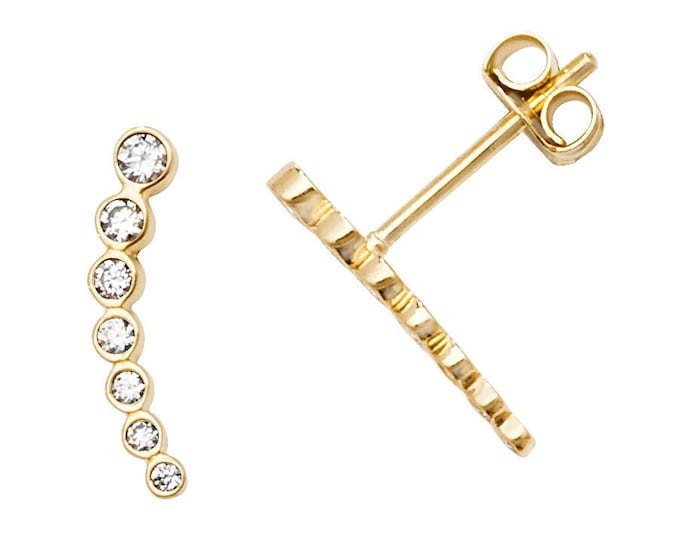 9ct Yellow Gold 12mm Bezel 7 Stone Cz Curved Bar Stud Earrings- Real 9K Gold