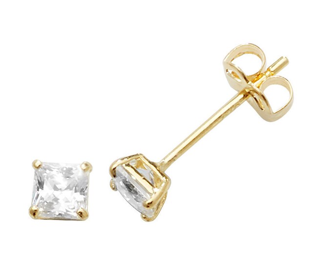 9ct Yellow Gold 4 Claw Set Square Cz Princess Solitaire Stud Earrings 3mm 4mm 5mm - Real 9K Gold