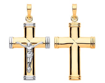 Modern 9ct Bi Colour Gold 3.0cm Hollow Crucifix Cross Pendant 375 Gold - Real 9K Gold