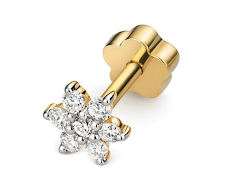 9ct Yellow Gold 0.09ct Diamond Flower Cluster Cartilage 6mm Bar Single Stud Screw Back Earring - Real 9K Gold