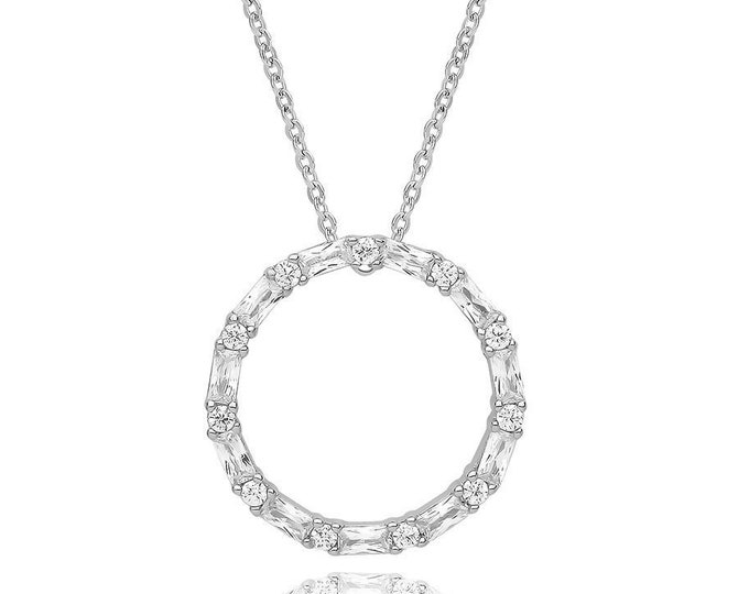 Rhodium Plated 925 Sterling Silver Baguette & Round Cz Circle of Life  17" Necklace