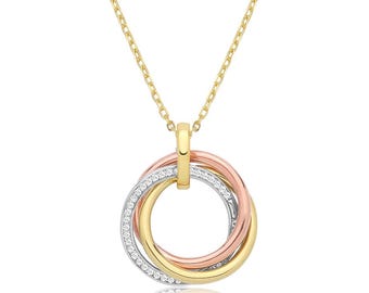 Three Colour Interlocking Circle of Life Pave Cz Pendant 925 Sterling Silver 16"-18" Necklace