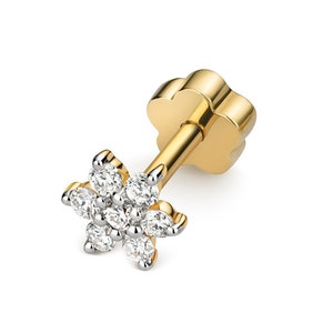 9ct Yellow Gold 0.09ct Diamond Flower Cluster Cartilage 6mm Bar Single Stud Screw Back Earring - Real 9K Gold
