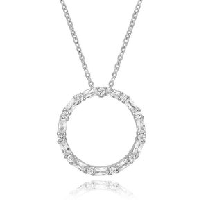 Rhodium Plated 925 Sterling Silver Baguette & Round Cz Circle of Life  17&quot; Necklace