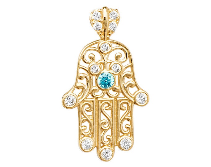 9ct Yellow Gold 1.5cm Filigree Scroll Cz Hamsa Charm Pendant - Real 9K Gold