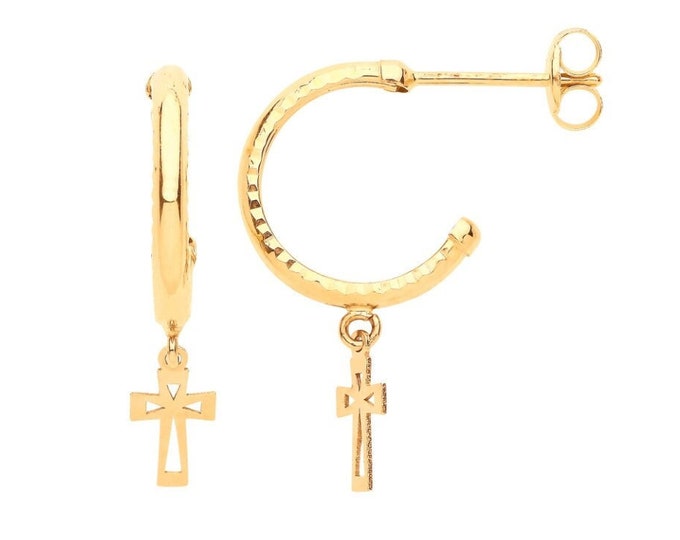 9ct Yellow Gold 12mm Hoop Earrings With Cross Drop Charms- Real 9K Gold