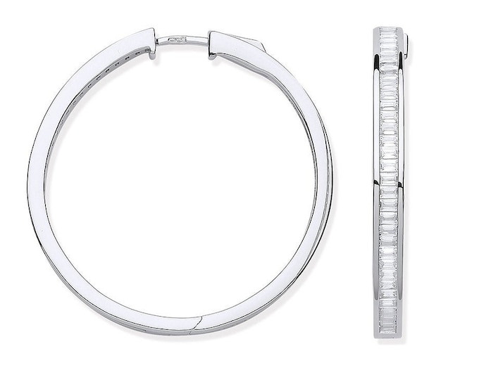 925 Sterling Silver 40mm Diameter Channel Set Baguette Cut Cz Hinged Hoop Earrings