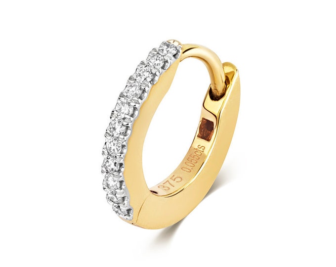 9ct Yellow Gold 10mm Diameter Claw Set 0.05ct Diamond Hinged Cartilage Single Hoop Earring - Real 9K Gold