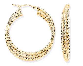 9ct Yellow Gold Triple Layer Ribbed 30mm Diameter Hoop Earrings - Real 9K Gold