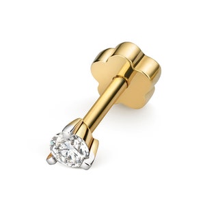 9ct Yellow Gold Solitaire 0.07ct 3 Claw Diamond Cartilage 6mm Bar Single Stud Screw Back Earring - Real 9K Gold