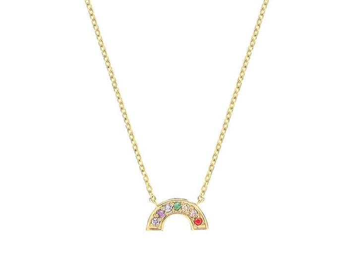 9ct Yellow Gold Small Cz Rainbow Charm 15.5" to 17.5" Necklace Hallmarked - Real 9K Gold