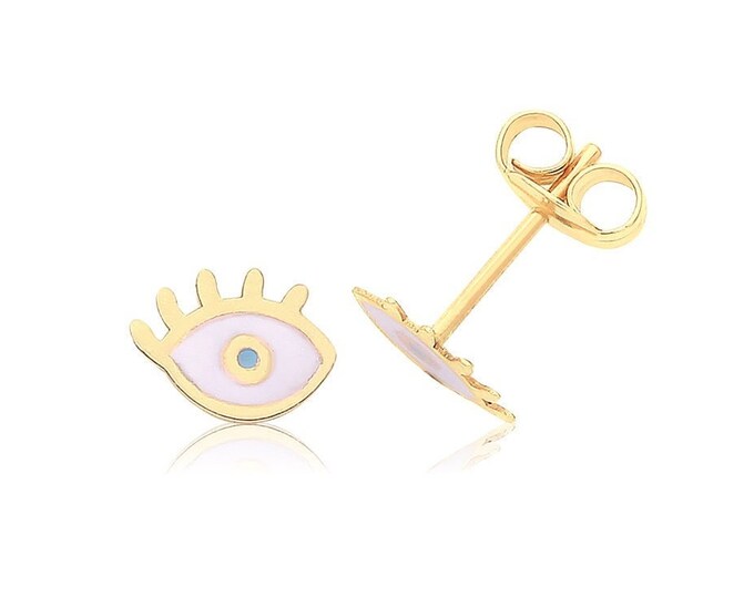 Contemporary Small 9ct Yellow Gold & Enamel Eye Design Stud Earrings 6x5mm - Real 9K Gold