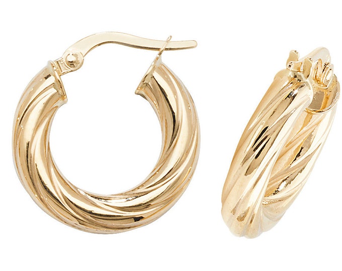 9ct Yellow Gold 4mm Twisted Hollow Tube Hoop Earrings 10mm 15mm 20mm 25mm 30mm 40m 50mm 60mm - Real 9K Gold