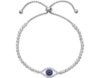 Ladies 925 Sterling Silver Cz Evil Eye Friendship Toggle Bracelet
