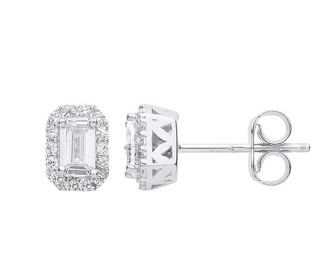 9ct White Gold Cz Baguette Cut Halo Cluster Stud Earrings 7x5mm - Real 9K Gold