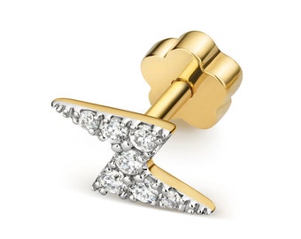 9ct Yellow Gold 0.04ct Diamond Lightning Bolt Stud Cartilage 6mm Bar SINGLE Screw Back Earring - Real 9K Gold