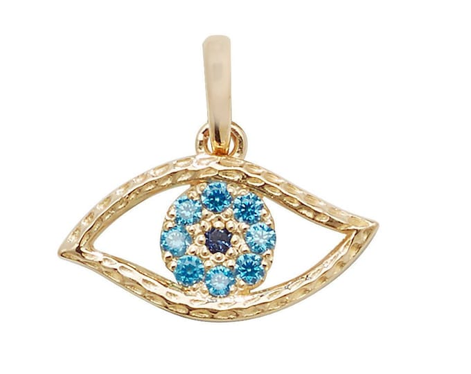 9ct Yellow Gold 1.4cm Blue Cz Evil Eye Charm Pendant - Real 9K Gold