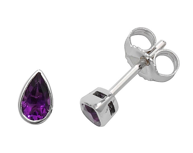 Pear Cut Purple Amethyst 5x3mm Bezel Rubover Set Stud Earrings 9K White Gold Real Amethyst