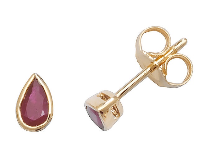 Pear Cut Red Ruby 5x3mm Rubover Set Stud Earrings 9K Yellow Gold Real Ruby