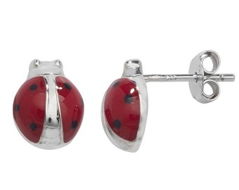 925 Sterling Silver Ladybird Ladybug Red Enamel 8mm Stud Earrings