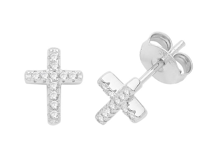 Rhodium Plated 925 Sterling Silver Small 7x5mm Pave Cz Cross Stud Earrings