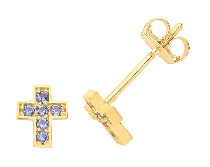 9ct Yellow Gold Sapphire Blue Cz Cross Stud Earrings 7x5mm- Real 9K Gold