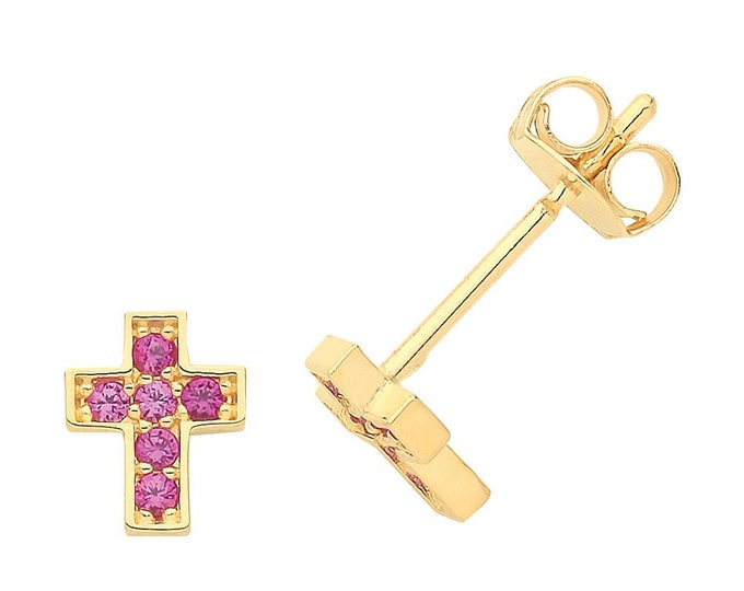 9ct Yellow Gold Ruby Red Cz Cross Stud Earrings 7x5mm - Real 9K Gold