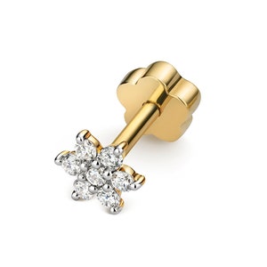 9ct Yellow Gold 0.07ct Diamond Flower Cluster Cartilage 6mm Bar Single Stud Screw Back Earring - Real 9K Gold
