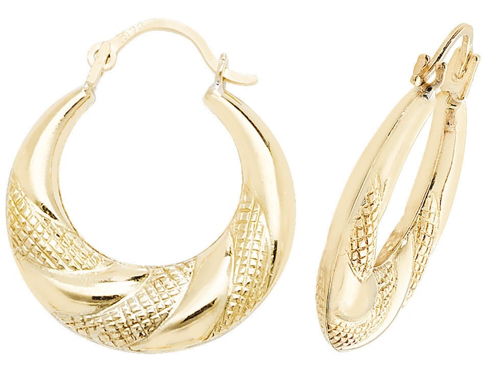 9ct Yellow Gold Diamond Cut Pattern 12mm Creole Hoop Earrings - Real 9K Gold