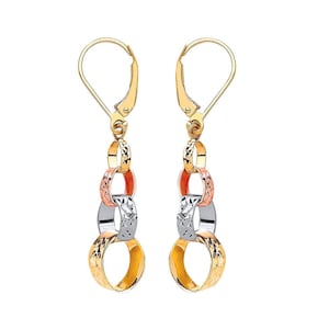 May include: A pair of gold-tone drop earrings. Each earring features a lever back and a series of textured, interlocking rings in yellow, rose, and white gold. The earrings have a polished finish and a dangling design.