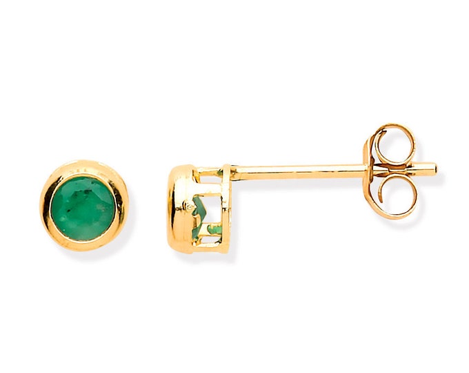 Emerald Stud Earrings - 9ct Yellow Gold 3mm Real Emerald Stud Earrings - Real 9K Gold