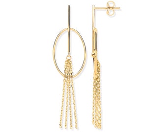 9ct Yellow Gold Oval Tube Tassel 5.5cm Long Drop Earrings - Real 9K Gold