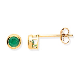 May include: A pair of gold stud earrings with a green emerald gemstone in each earring.