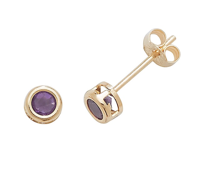 Amethyst Stud Earrings 9ct Yellow Gold 3mm Real Purple Amethyst Stud Earrings - Real 9K Gold