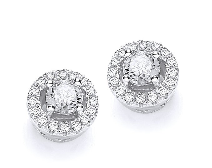 925 Sterling Silver Micro Pave Halo Brilliant Cz 8mm Round Stud Earrings