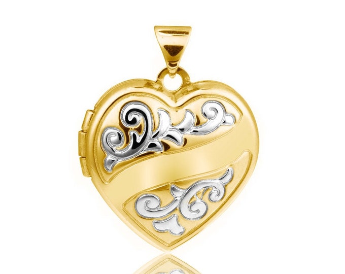 Gold Plated Sterling Silver 1.7cm 2 Photo Scroll Ribbon Heart Locket