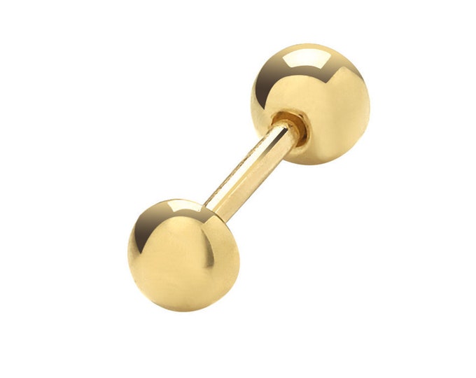 SINGLE 9ct Yellow Gold 3mm Button Barbell Cartilage 6mm Bar Stud Screw Back Earring - Real 9K Gold