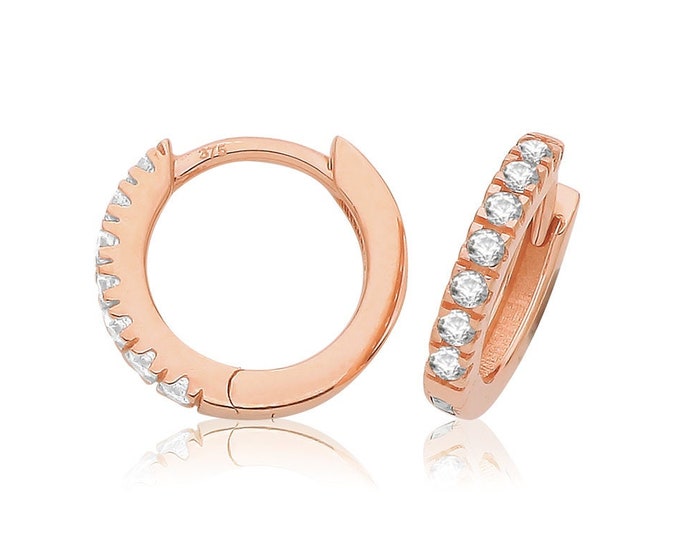 9ct Rose Gold Half Set Cz 8mm Diameter Hinged Clickers Hoop Earrings - Real 9K Gold