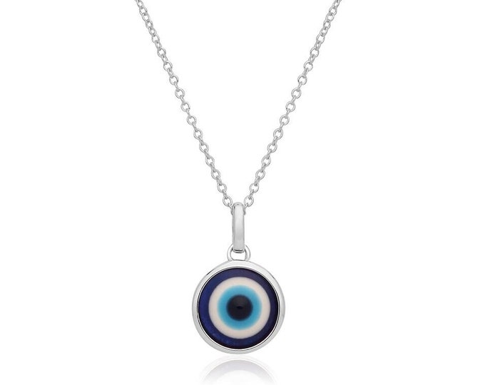 925 Sterling Silver Blue Enamel Evil Eye 10mm Circular 18" Necklace Rhodium Plated