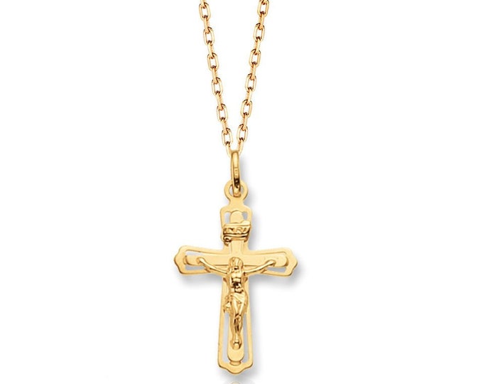 9ct Yellow Gold Small 2.5cm Cut Out Design INRI Crucifix Cross Pendant Hallmarked - Real 9K Gold