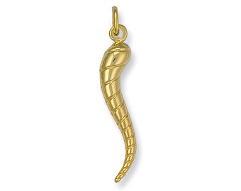 9ct Yellow Gold 3.5cm Twist Horn of Life Cornicello Charm Pendant Hallmarked