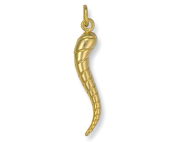 9ct Yellow Gold 3.5cm Twist Horn of Life Cornicello Charm Pendant Hallmarked