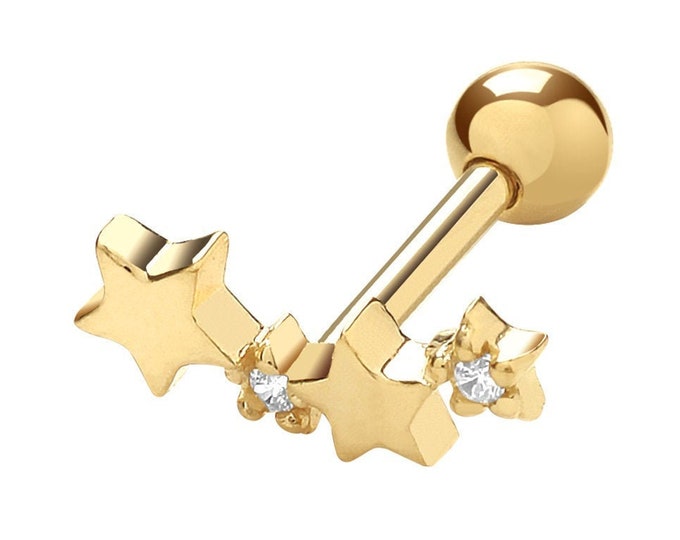 9ct Yellow Gold Shooting Stars Cz Cartilage 6mm Bar Screw Back Single Stud Earring - Real 9K Gold