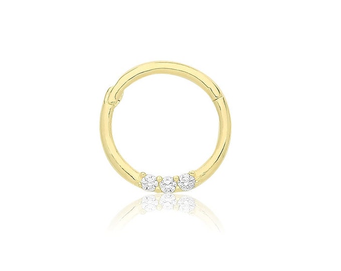 Single 9ct Yellow Gold 7mm Diameter Hinged 3 Stone Cz Septum Nose Ring- Real 9K Gold