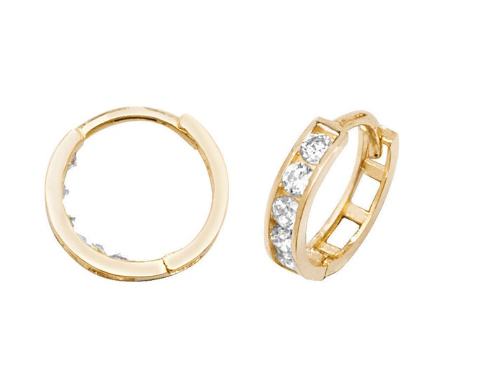 9ct Yellow Gold 8mm Half Channel Set Cz Hinged Hoop Earrings - Real 9K Gold