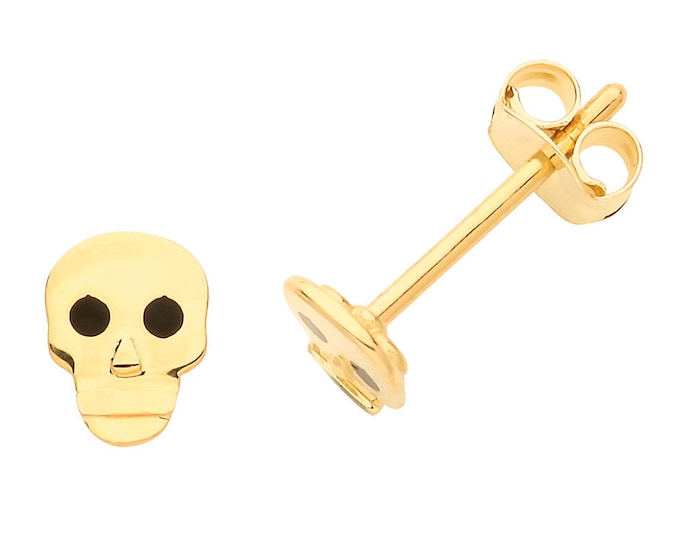 9ct Yellow Gold Small 6x4mm Skull Design Stud Earrings - Real 9K Gold